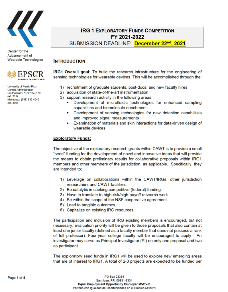 IRG 1 EXPLORATORY FUNDS COMPETITION